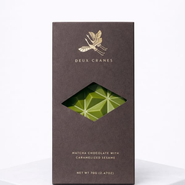 Box of matcha chocolate with caramelized sesame
