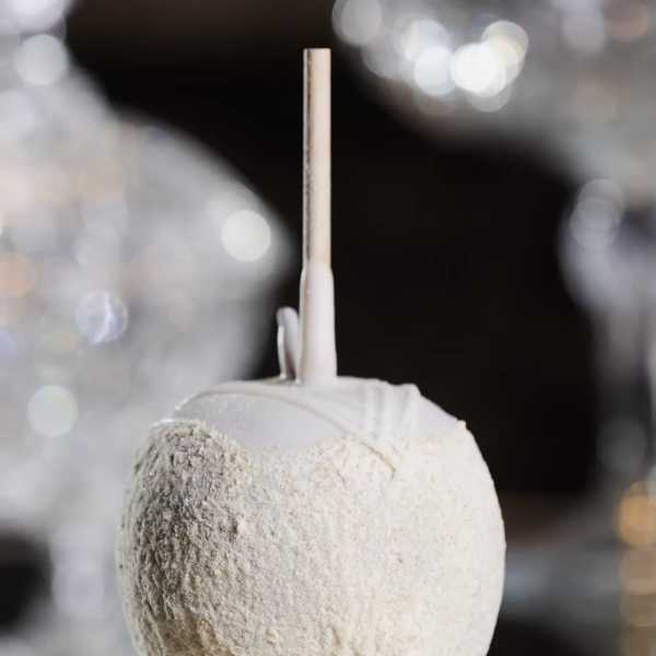 White candy apple on a stick coated in fine powder against a soft, sparkling background