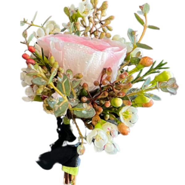 Pink rose bouquet with white blossoms and eucalyptus, wrapped in black ribbon