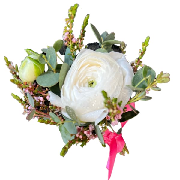 White ranunculus boutonniere with pink ribbon and greenery
