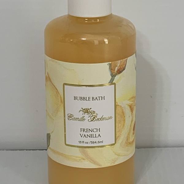 Bottle of French vanilla bubble bath with a white cap