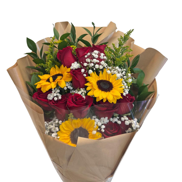 12 Red roses with 3 sunflowers.