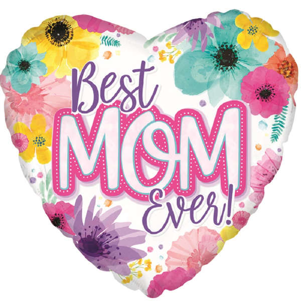 Heart-shaped balloon reading "Best Mom Ever" with colorful flowers