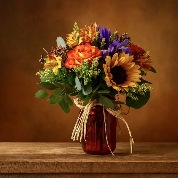 Bouquet of sunflowers, roses, and purple flowers in a red glass vase