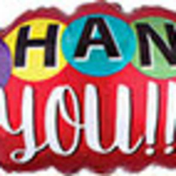 Colorful "THANK YOU!!!" balloon sign on a white background