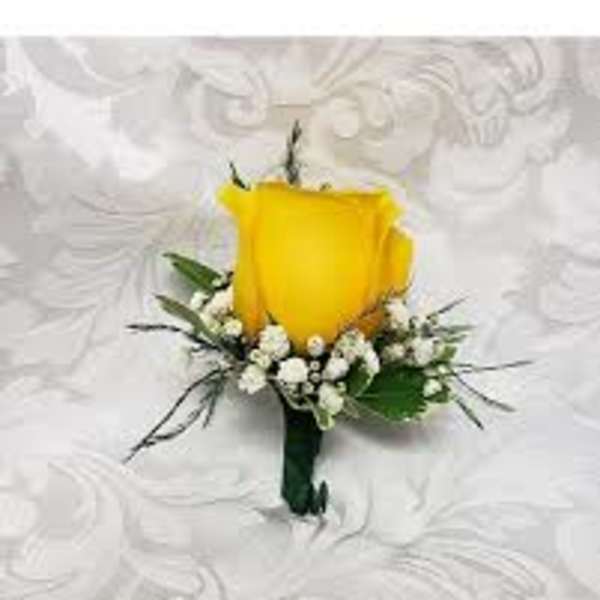 Yellow rose boutonniere with white filler flowers on a white background