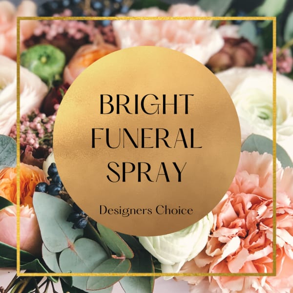 Text over a floral funeral spray with peach, white, and pink blooms