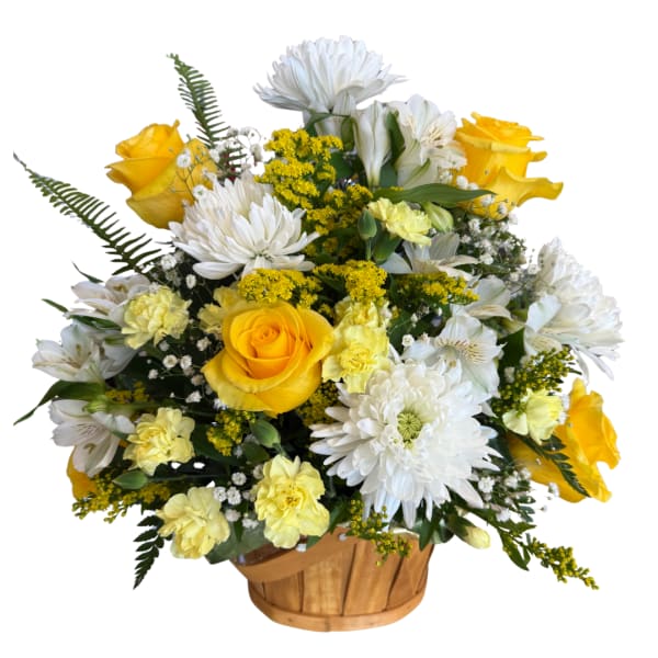 Yellow roses and white daisies in a wooden basket