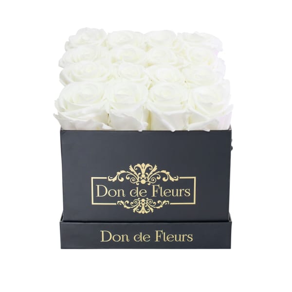 Small Square Preserved Rose Box-Black Classic Box-White