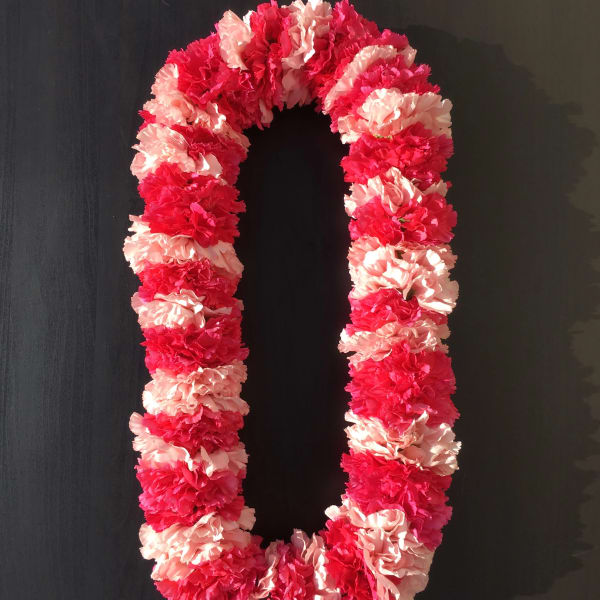 Pink and red carnation garland arranged in an oval shape