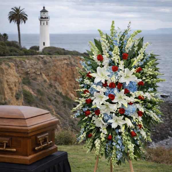 Standing funeral spray with white lilies, red roses, and blue flowers beside a casket