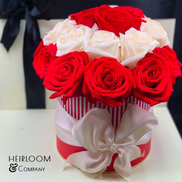 Red and white roses arranged in a round gift box with a satin bow.