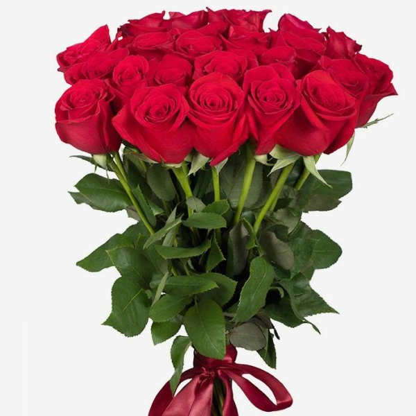 Bouquet of red roses tied with a satin ribbon