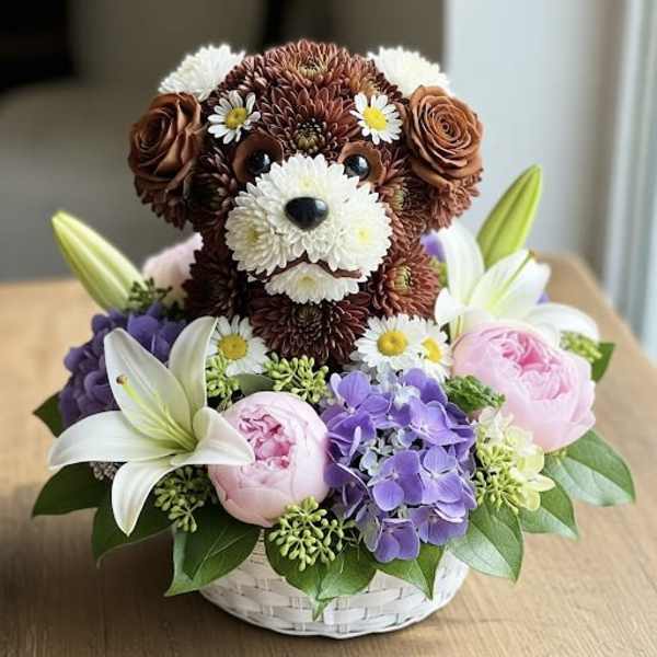 Flower basket with a teddy bear face made from blooms and lilies, plus pink and purple flowers