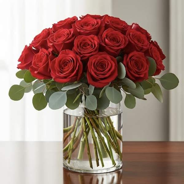 Red roses arranged in a clear glass vase with round greenery