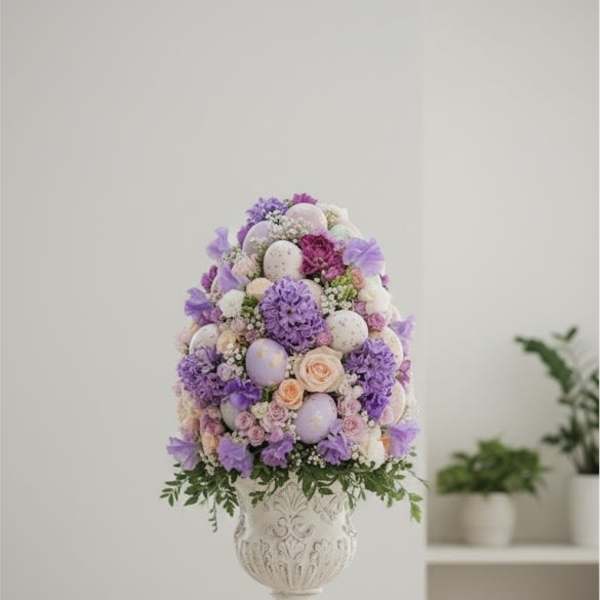 Purple and pink floral arrangement with decorative eggs in a white urn