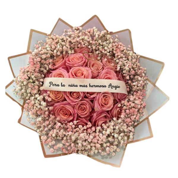 Pink rose bouquet with baby's breath and a name ribbon