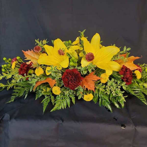 Leaves and Lilies long and low centerpiece