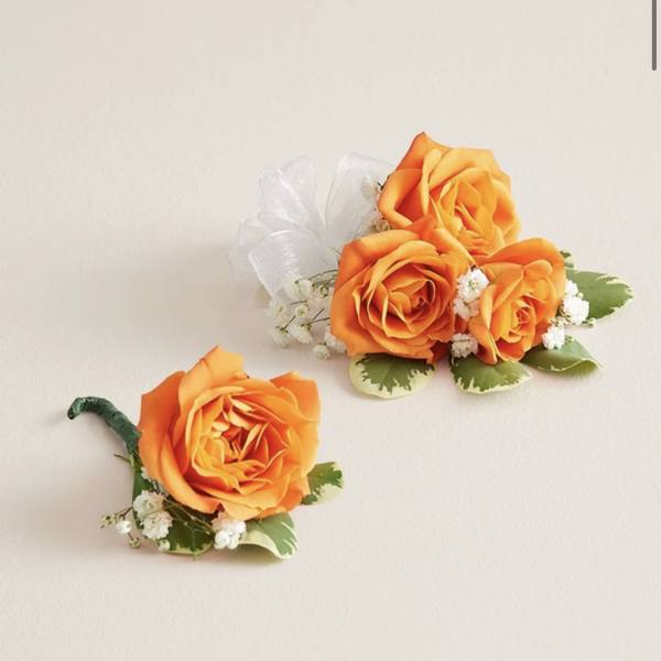 Orange Corsage & Boutonniere Set (White Bow)