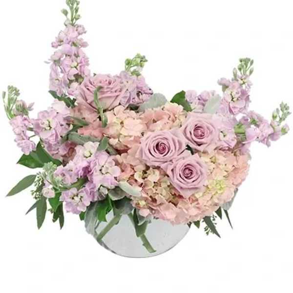 Pink roses and hydrangeas in a white vase