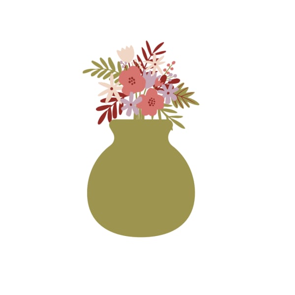 Illustrated bouquet of pink and cream flowers in an olive vase