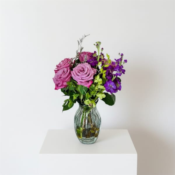 Lavender Bliss/ Lavender Roses, Purple Stock and Green Jade Orchids)