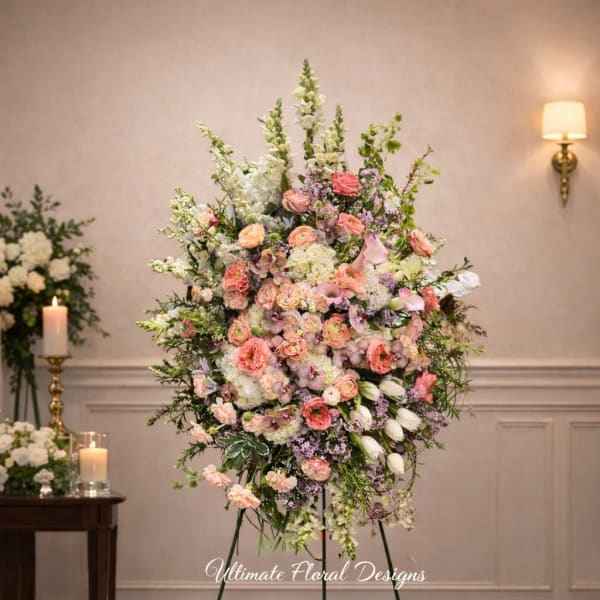 Large pastel floral standing arrangement with roses and lilies