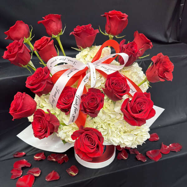 Red roses arranged over white hydrangeas with a ribbon bow
