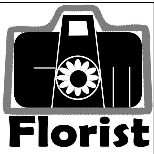Black florist logo with a daisy inside a suitcase icon