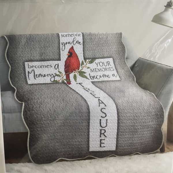 Gray memorial quilt with a red cardinal and text panels