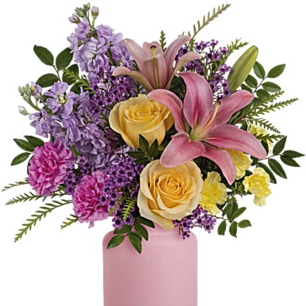 Pink lilies and yellow roses in a pink vase