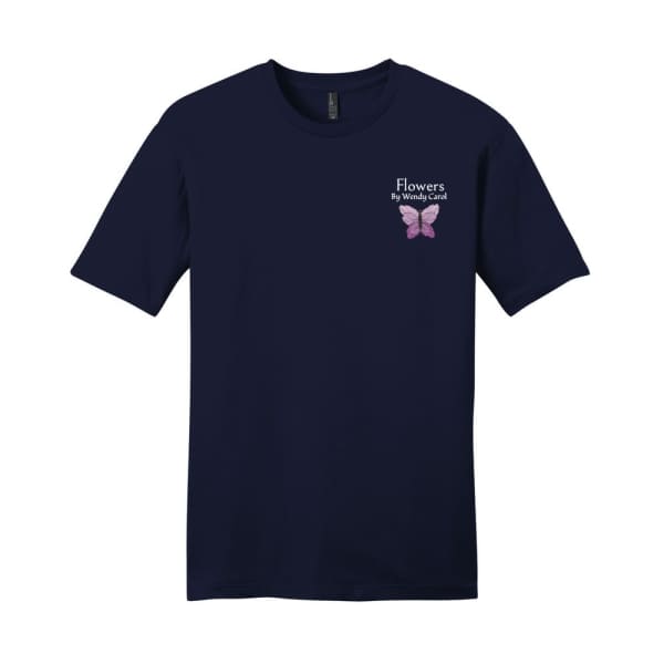 Navy T-shirt with a small butterfly graphic and text on the chest