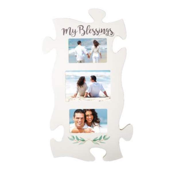 Puzzle-piece photo frame with three beach photos and the words My Blessings