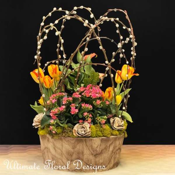 Basket arrangement with tulips, pink flowers, and arched pussy willow branches