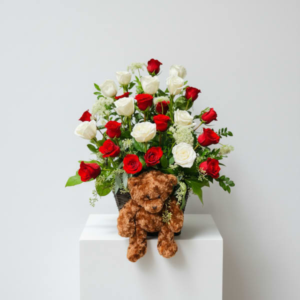 Timeless Love Rose Basket with Teddy Bear