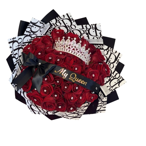 Bouquet of red roses with a tiara and black ribbon