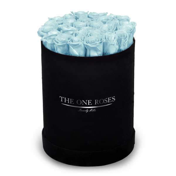 Light blue roses arranged in a black round box