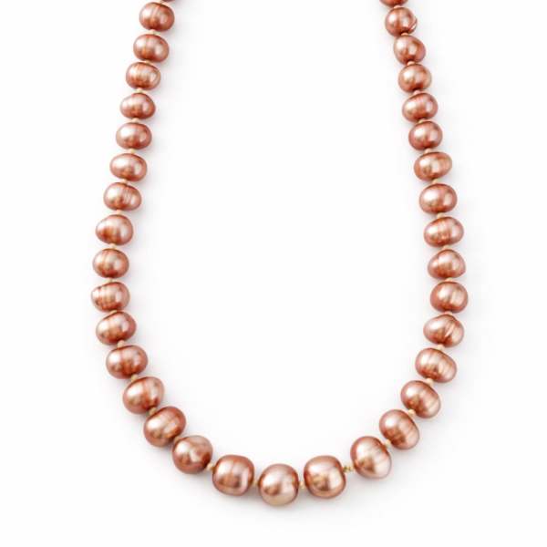 Pink pearl bead necklace with a gold clasp on a white background