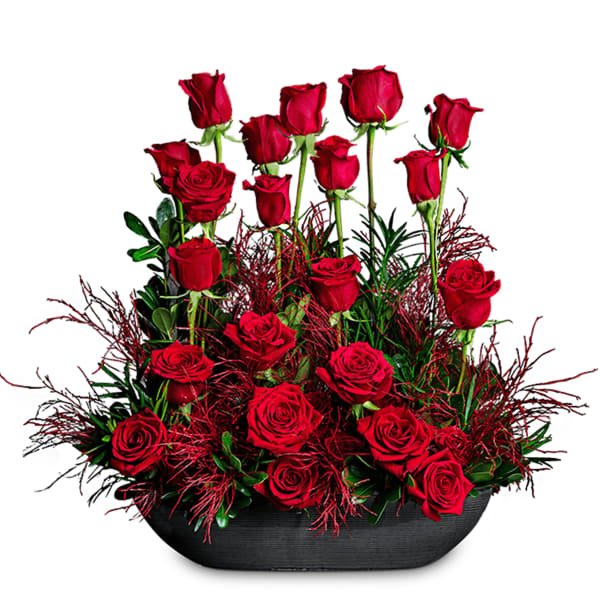 Red roses arranged in a black oval container