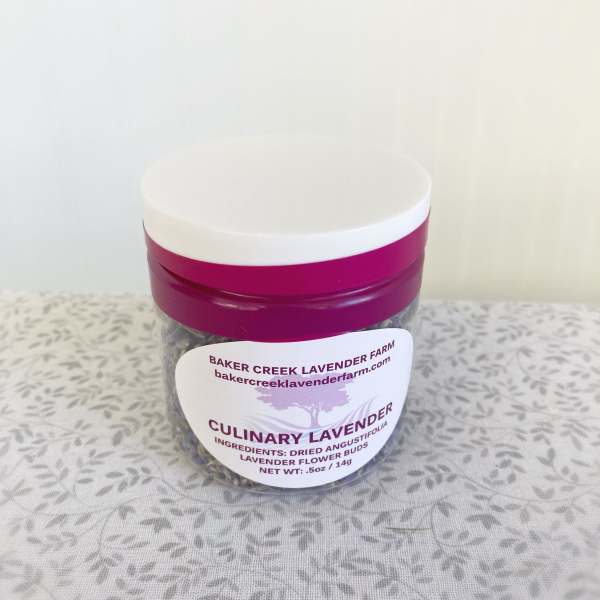 Jar of dried culinary lavender buds with a white lid