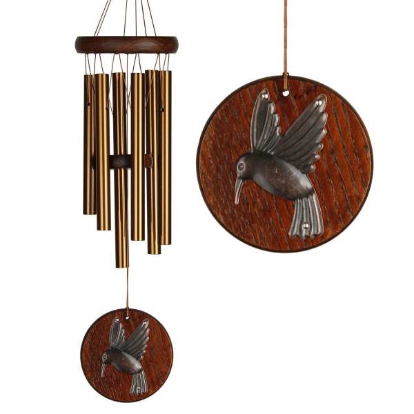 Wooden hummingbird wind chimes with brass tubes and round medallions