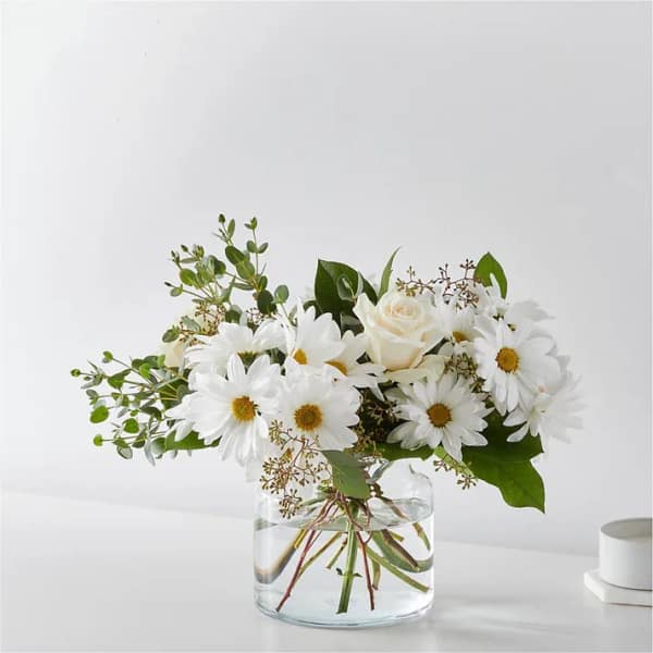 White daisies and a cream rose in a clear glass vase