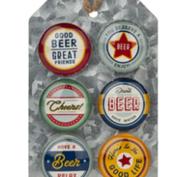 Metal wall sign with six beer-themed round plaques and a rope hanger