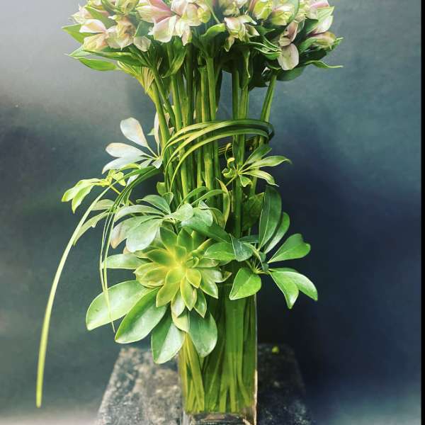 Tall bouquet of pale pink and white flowers with green foliage in a clear vase