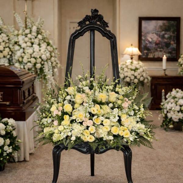 Large white and pale yellow floral spray on a black chair in a chapel