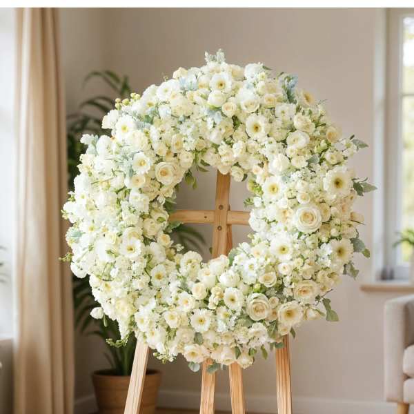 Large white floral wreath on a wooden easel