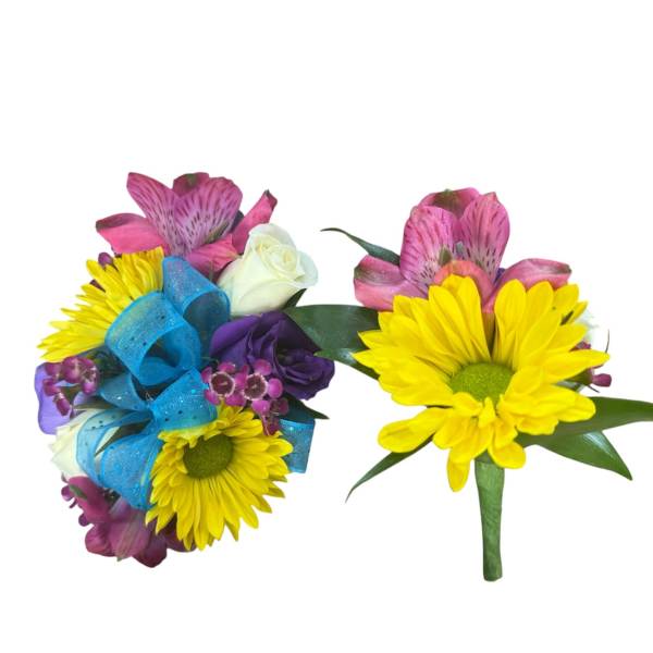 Two floral boutonnieres with yellow daisies and pink blooms