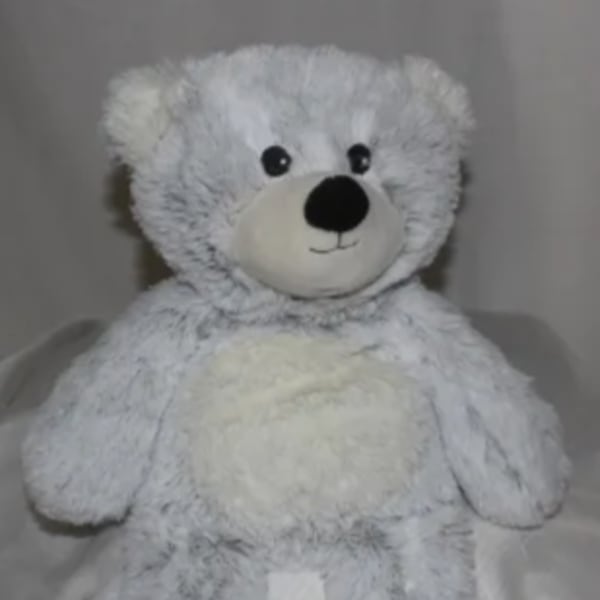 White plush teddy bear with black eyes and nose