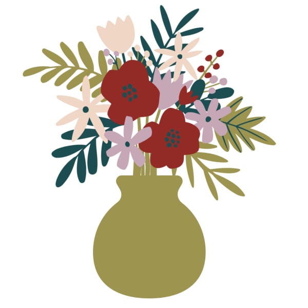Stylized bouquet of flowers in an olive vase