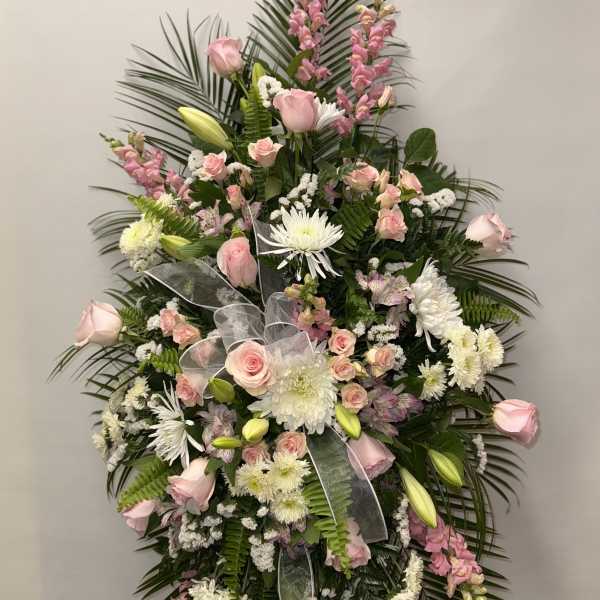 Tall standing floral spray with pink roses and white chrysanthemums